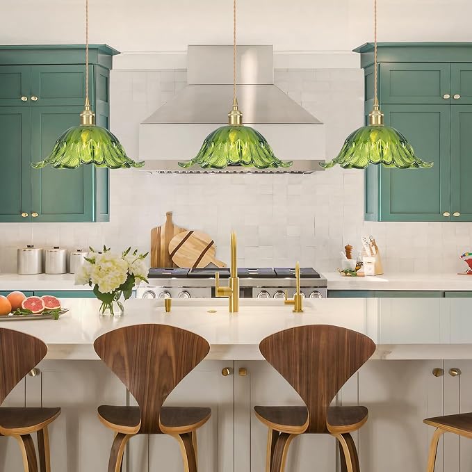 Vintage Pendant Light,Green Glass Light Fixtures,11 inch E26 Flower Pendant Lights Adjustable Hanging Light for Bedroom Hotel Dining Room 1 Pack