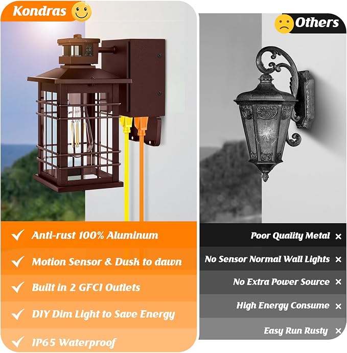 2-Pack Porch Light with GFCI Outlets, Brown Motion Sensor Dusk to Dawn Outdoor Wall Light Fixture, Waterproof Outside Wall Lantern Sconce 3 Lighting Modes, Exterior Wall Light for Front Door House