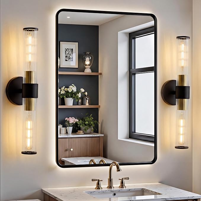 Bathroom Light Fixtures 2 Pack Hardwired, Black Gold Wall Sconce Threaded Glass Vanity Light Featuring Two E26 sockets, Bathroom Wall Light Dimmable - Bulb Not Included, UL Certification
