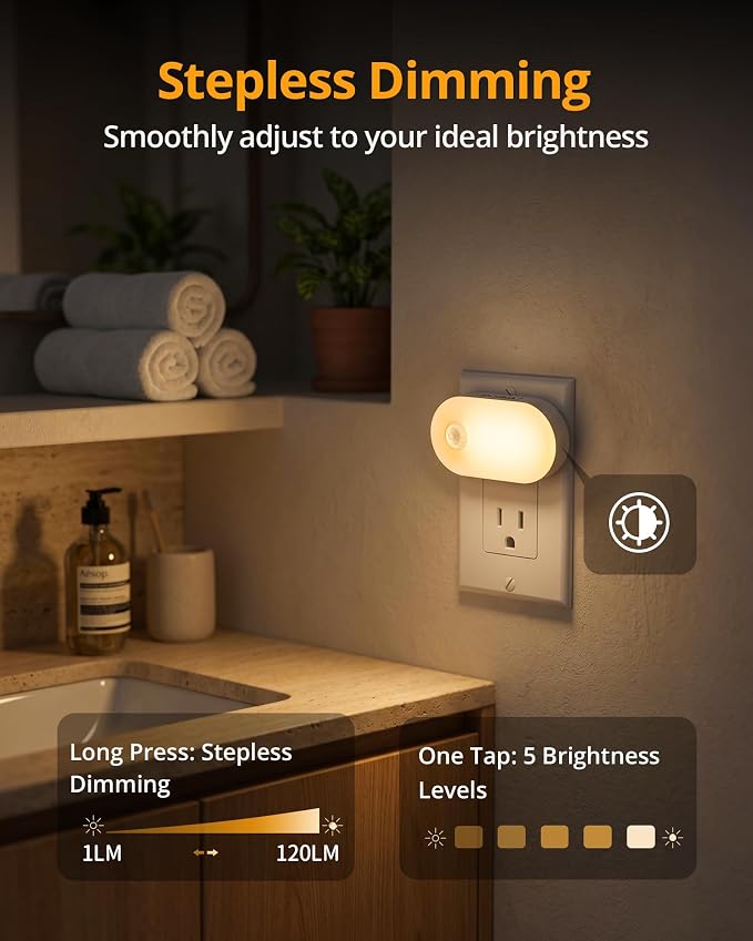 120LM Ultra Bright Plug-in Motion Sensor Night Light, 6-Pack | Stepless Dimmable, Auto-Off, LED Warm White Nightlight for Bathroom, Bedroom, Hallway, Stairs, Garage, Travel-Friendly