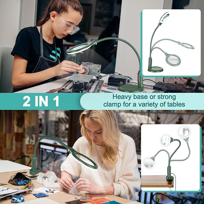 10X Magnifying Glass with Light and Clamp, 5 Color Modes Stepless Dimmable Lighted Magnifier with Stand, Flexible Gooseneck LED Desk Lamp Hands Free for Craft Painting Hobby Close Work - Green