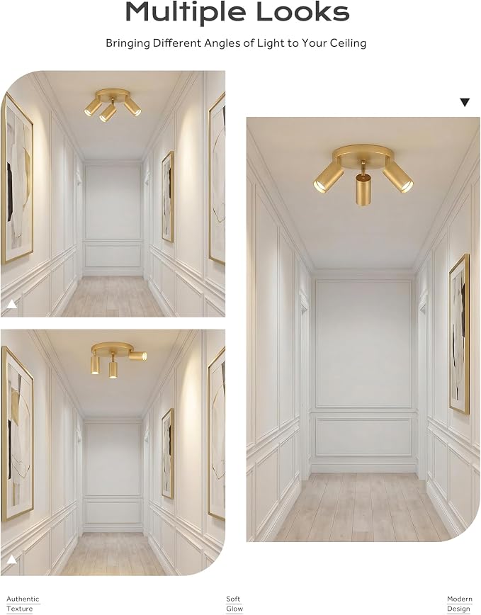 FEMILA 3 Light Track Lighting Fixtures Ceiling, Brushed Gold LED Track Light with 3000K Bulbs, Track Lights Ceiling Mount for Kitchen, Hallway, Gallery, 4FS84F-3 BG