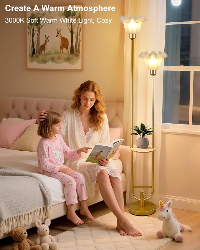 Lightdot Dimmable Flower Floor Lamp with Table for Living Room, Modern Mid Century Gold Metal Tall Standing Lamp with 5Lbs Heavy Base for Bedroom/Sofa Beside/Corner Decor (Bulb Included)
