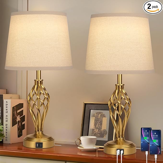Ruiever Touch Table Lamps Set of 2, nightstand lamp with USB Ports Bedside 3 Way Touch dimmer Desk lamp for Living Room Bedroom,Gold Plated Spiral cage Base Design Warm White dimmer Bulbs Included.
