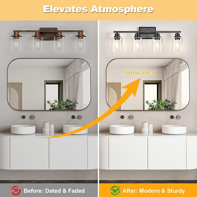 Modern Black Bathroom Light Fixtures, 4-Light Vanity Lights Over Mirror with E26 LED Bulbs Included, Wall Sconce with Clear Glass Shades for Living Room Bedroom Hallway Kitchen
