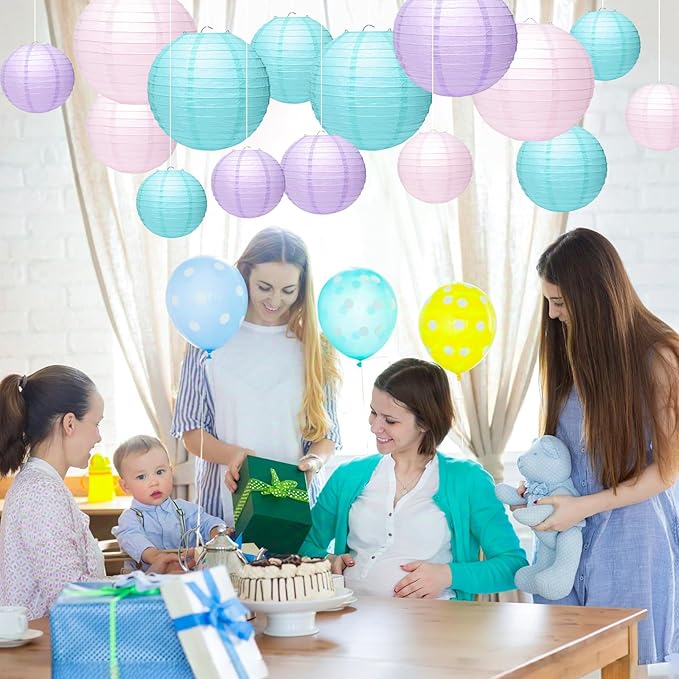 21 Pcs Paper Lanterns Party Decorations, 4/6/8/10 Inch Round Chinese Hanging Paper Lanterns for Mermaid Theme Girl Birthday Party, Wedding, Baby Shower, Graduation, Classroom Ceiling Decorations