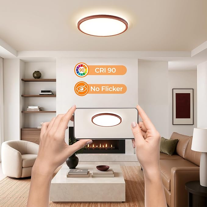 LED Flush Mount Ceiling Light, 12 Inch 24W 3000K/4000K/5000K Hardwire Light Fixture, Ultra Thin Round White Lamp for Kitchen Porch Bedroom Hallway Stairwell Basement- Walnut