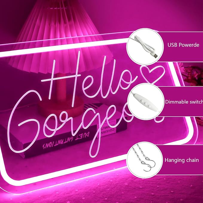 Hello Gorgeous Neon Sign for Wall Art Decor，LED Neon Lights for Home Wedding Birthday Backdrop Bacelorette Party Wth Dimmable，Gifts for Teen Girls