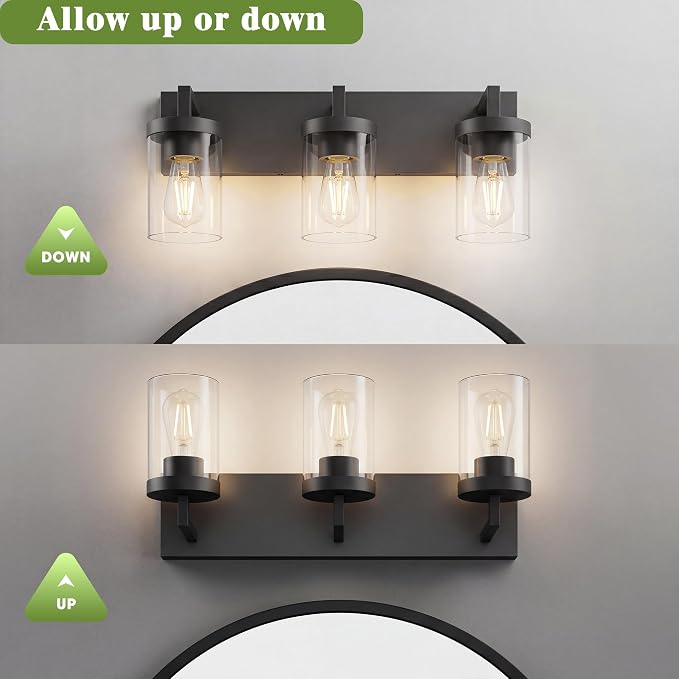 Bathroom Vanity Light, 3 Light Matte Black Vanity Lights with Clear Glass Shade, 22in Modern Wall Sconces, Bathroom Lighting Fixtures Over Mirror