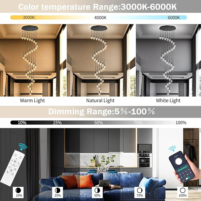 36 Light Modern Glam Crystal Chandelier for High Ceiling LED Dimmable Ceiling Pendant Light Staircase Foyer Enterway Living Room Chandelier Lighting Antique Black