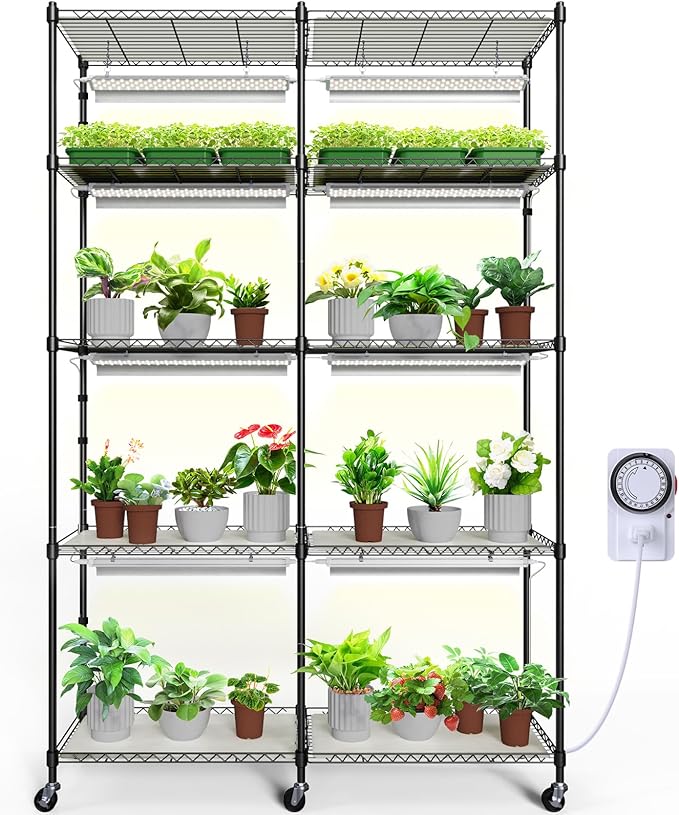 Barrina CX1 Plant Stand with Grow Lights for Indoor Plants, 5-Tier Large Tall Metal Plant Shelf with 1.6FT 20W(Per Light) Full Spectrum Plant Lights for Indoor Growing, 47x13.8x70.9IN