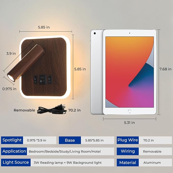 Plug in Wall Sconce with Wall Mounted Reading Lights with Switch | Wall Lamp for Bedroom with Charging Station USB C+A Ports,Bunk Bed Lights with 3W+9W Night Light,Walnut Color Reading Light