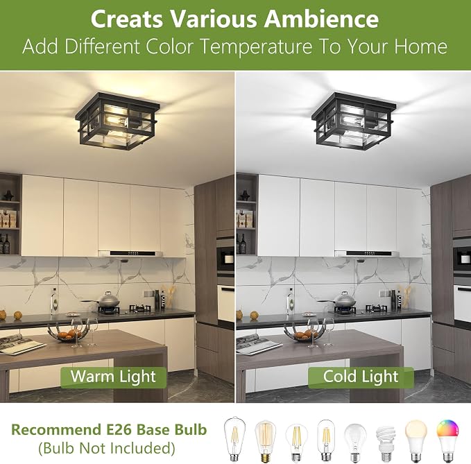 Asnxcju Modern Outdoor Ceiling Light Fixtures, 2-Light Black Flush Mount Light Fixtures with Clear Glass Shade, Farmhouse Square Ceiling Lighting for Porch Bathroom Kitchen (Bulbs Not Included)