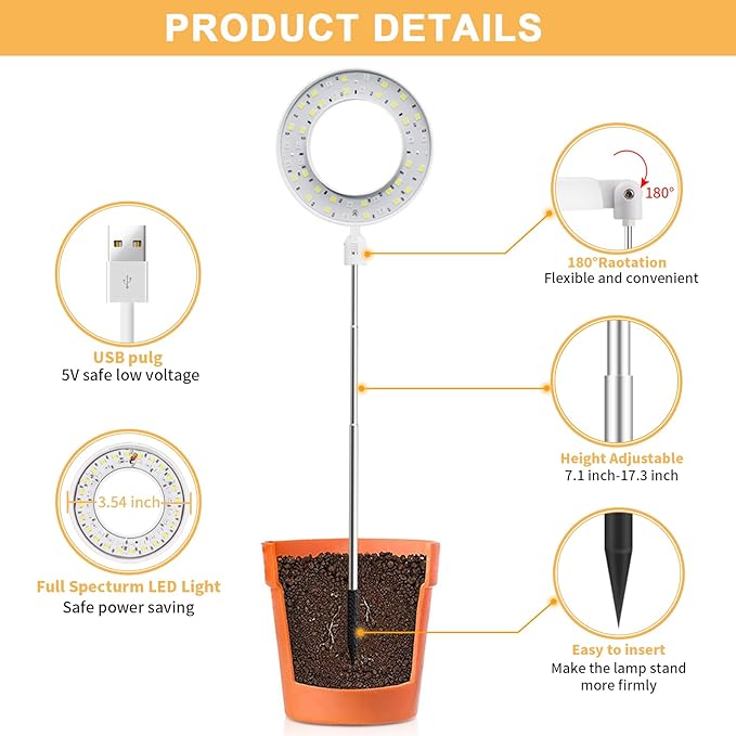 Juhefa Grow Light for Indoor Plants Growing, 4000K White Full Spectrum Halo Plant Lamp for Seedlings Succulents Small Mini Plants, Auto On Off Timer 4/8/12/18Hrs & 3 Colors Changeable