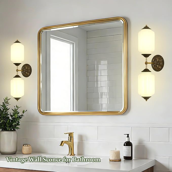 Vintage Green Milk Glass Bathroom Vanity Light - 25" Dimmable Wall Sconce | Mid Century,Vertical or Horizontal Mounted,Antique Brass Gold Lighting Fixture for Bedroom Hallway Decor,E12 Bulb×2 Included