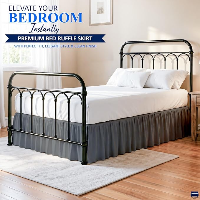 Ruffled Bed Skirt with Split Corners-Dust Ruffle - 18" Drop 100% Microfiber Soft,Sheen & Luxurious Look - Bed Skirts (Dark Grey -King)