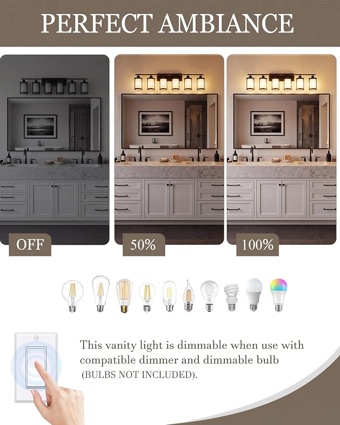 6-Light Matte Black Bathroom Light Fixtures Over Mirror with Frosted Milk Glass and Metal Cage Shade, 42" UL-Listed Modern Farmhouse Wall Sconce for Bath, Hardwire E26, OS-3014BKW-6W