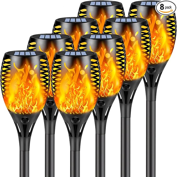 Solar Torch Lights with Flickering Flame Larger Size Solar Flame Lights | 8 Pack Upgraded Solar Lights Outdoor for Halloween Decor, Waterproof Solar Tiki Torches Outdoor for Garden Yard Pathway Patio