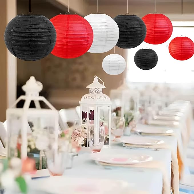 Black Red and White Paper Lanterns 12Pcs Hanging Round Paper Lanterns Decorative for Graduation Baby Shower Wedding Birthday Family Parties ﻿