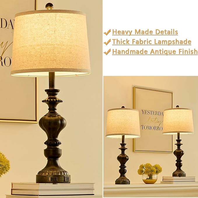 SAIWEYA 27.5" Farmhouse Table Lamps Set of 2 Bedside Lamp with USB C+A Ports & AC Outlet, 3 Way Dimmable Lamps for Bedroom Living Room Office Rustic Lamp | Dimmable, USB C+A Ports & AC Outlet, LED Bulbs Included, Rustic Lamps for Living Room, Bedroom