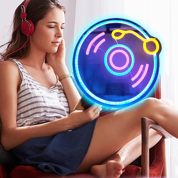 Record Neon Sign Dimmable Music Neon Light for Wall Decor - Player Live Music Art Sign for Bedroom, Bar, Birthday, Christmas, Hotel, Recording Studio - 12in