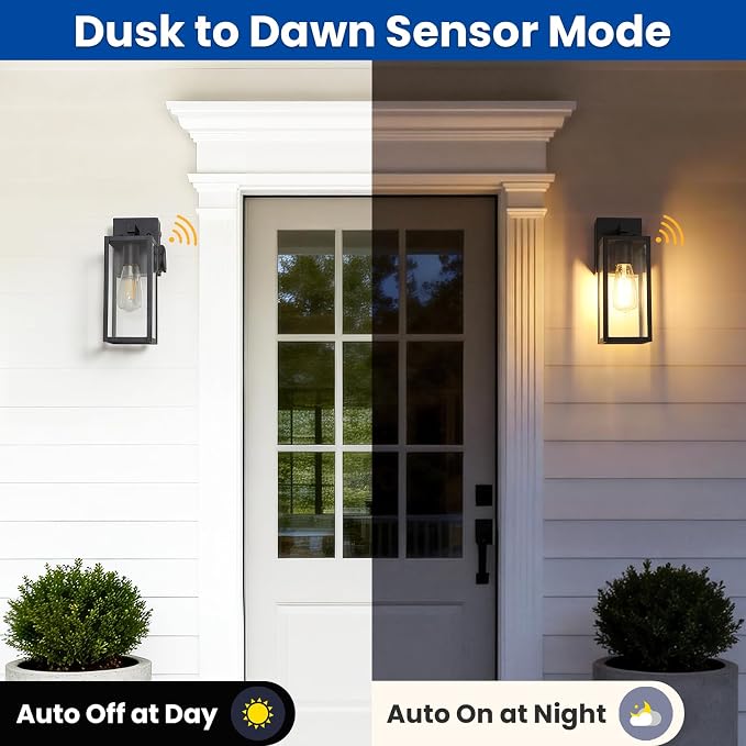 Outdoor Wall Light with GFCI Outlet, Dusk to Dawn Porch Light with Clear Glass and E26 Socket, Waterproof Anti-Rust Aluminum Exterior Lighting, Black Outside Lights for Patio, Front Door, Garage