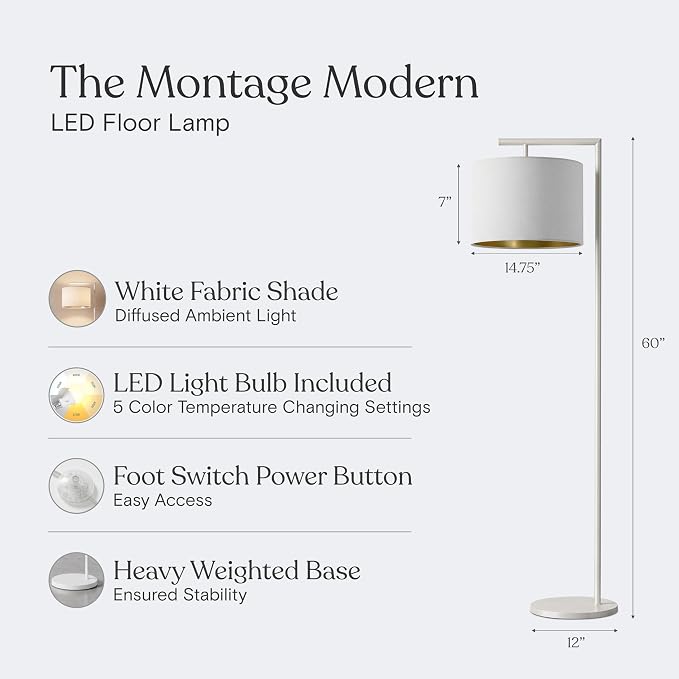 Brightech Montage Modern Floor Lamp - LED Standing Lamp with Adjustable Color Changing Bulbs for Living Rooms & Offices - Tall Corner Bedroom Reading Light for Contemporary Home Decor - Cream and Gold