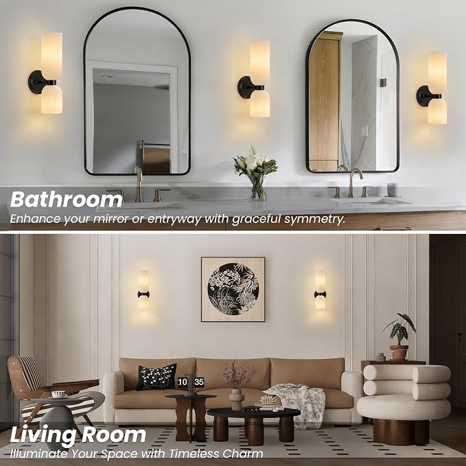 Mid Century Bathroom Wall Sconce: Set of 2 Modern Milk Glass Black Lights | Frosted Milky White Indoor Dimmable Lighting Fixture with Bulb, Brushed Brass Double Vanity Sconces for Bedroom Living Room