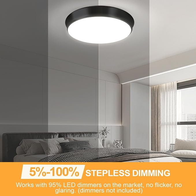 36W Black Flush Mount LED Ceiling Lights, 13in 4000lm Super Bright Dimmable LED Ceiling Light Fixtures, 2700K/3000K/4000K/5000K/6500K Adjust, Modern Ceiling Lamp for Bathroom Hallway, 2-Pack
