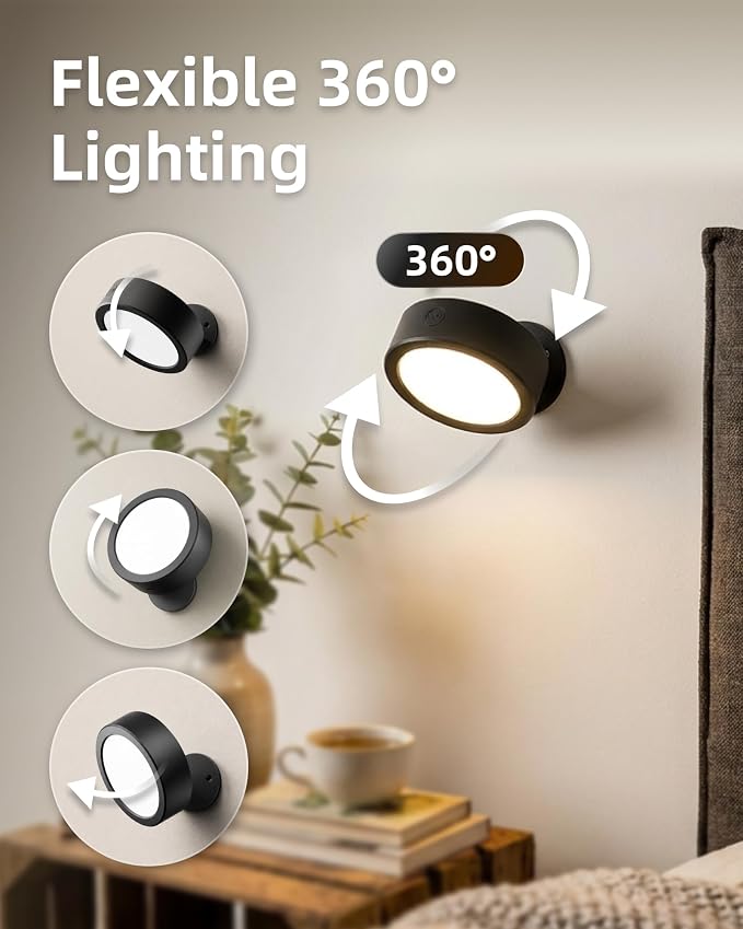 EZVALO LED Wall Mounted Light, 3000mAh Rechargeable Cordless Wall Sconce, Dimmable with Remote & Touch Control, 3 Color Temps, 360° Rotatable for Bedroom, Bedside, Reading(Black, 3Pack)