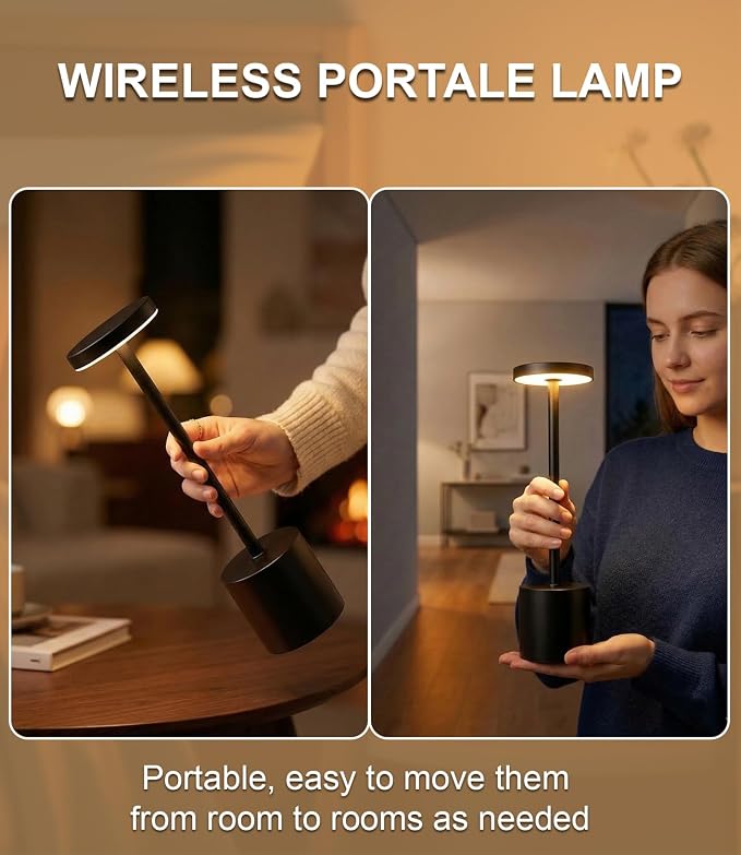 Cordless Table Lamp Set of 2, Rechargeable 5000mAh Battery Operated Outdoor Table Lamps, Portable LED Desk Lamp, 3 Color Dimmable Table Light for Restaurant, Patio, Bedroom, Bedside Night Lamp(Black)