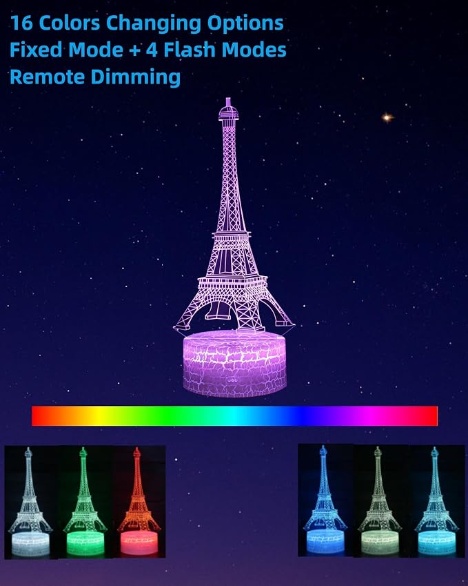 Eiffel Tower Night Light, 2 Patterns, Paris Themed 3D Illusion Lamp | 16 Color Changing, Dimmable, Touch & Remote Control, Arch of Triumph Bedroom Décor, Birthday Christmas Gift Dad Mom Kid