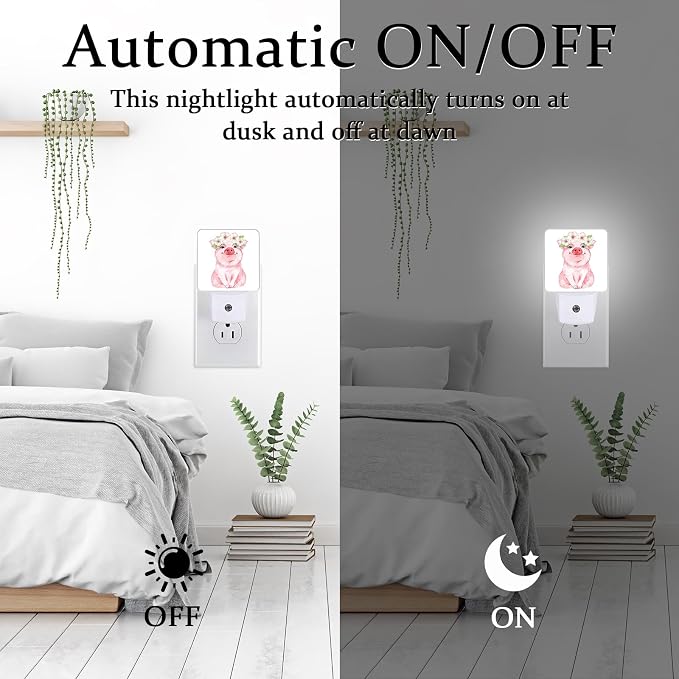 Watercolor Flower Pig Night Light, Plug-into Wall Cute Animals Nightlight Lamp with Dusk to Dawn Sensor, Led Lamp 0.5W Energy Efficient for Boys Girls Adults Home Decor