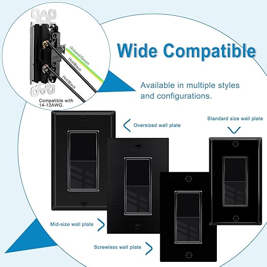 Greencycle Black 3 Way Light Switch,12PK Three Way Single Pole Switches, 15A 120-277V Rocker Paddle Wall Switch,On Off Switches, Self-Grounding, UL Certified,Residential and Commercial Grade