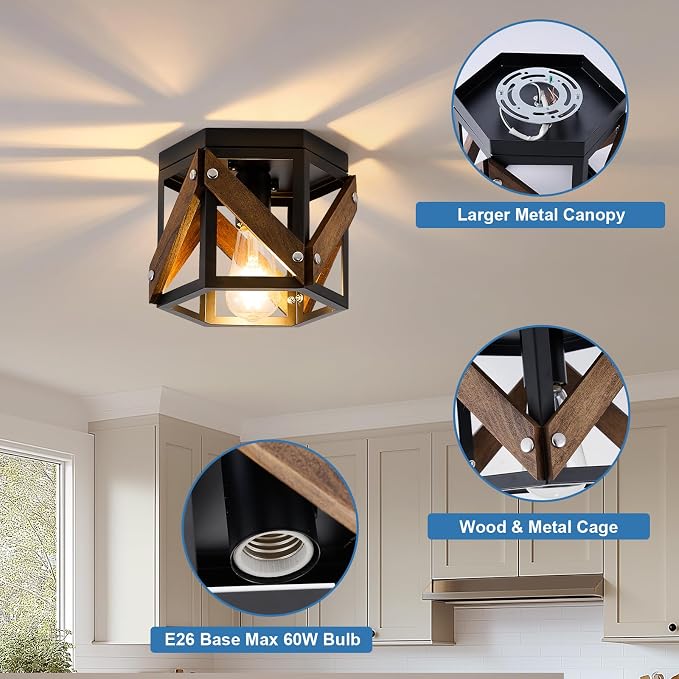 XSDeTu 2 Pack Farmhouse Flush Mount Ceiling Light, Rustic Hallway Light Fixtures Ceiling, Vintage Black Lighting Fixtures with Metal and Wood Cage, Small Chandelier for Kitchen Sink Entryway Bathroom
