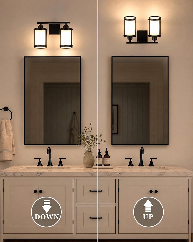 2-Light Black Bathroom Light Fixtures with Milk White Frosted Glass, 13.2" UL-Listed Modern Wall Sconce Over Mirror with Metal Cage for Bath, Hardwire E26, OS-3014BKW-2W