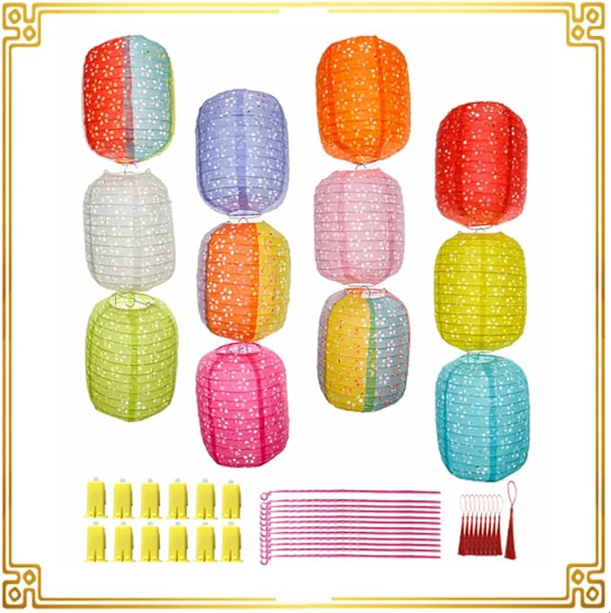 12Pcs Paper Lanterns Chinese Japanese Colorful Hanging Paper Lanterns with LED Lights 8inch Oval Decorative Asian Lanterns Lamps with Tassel Stick for Wedding Birthday Festival Party Decorations