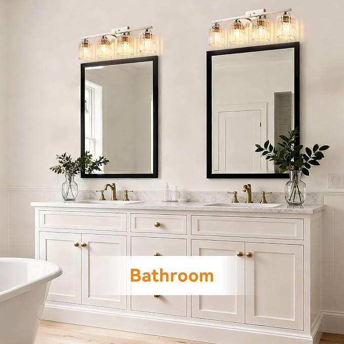 TALOYA Nickel 4Light Bathroom Vanity Light with Fluted Cylinder Glass Shade | Modern Vanity Lighting Fixtures, Bathroom Lights Over Mirror, Wall Mount Mirror Light Fixtures for Bathroom Hallway Bedroom