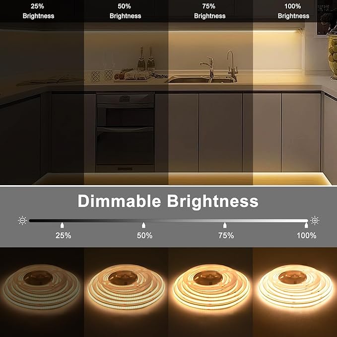 Battery Powered COB LED Strip Lights 6.6Ft 640 LED Dimmable Light Strip | Cuttable Flexible LED Tape Light for Bedroom Dormitory Tent TV Under Cabinet DIY Lighting (Warm White 2700k)