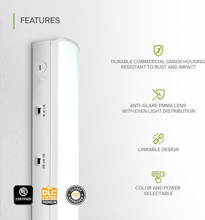 ASD 2ft LED Linear Strip Light Fixture with Q-Base | UL DLC Stairwell Certified Luminaire 15W-25W 120-277V Linkable LED Shop Light | 3000K-5000K Adjustable Commercial Ceiling Fixture