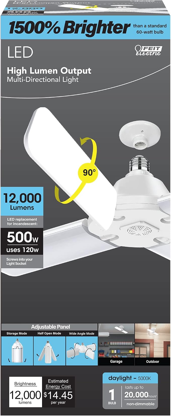 Feit Electric LED Garage Light, 4 Panel Adjustable Screw-in LED Shop Light Bulb, E26 Base, 12000 Lumens, Non-Dimmable, 5000k Daylight, Garage Ceiling Light, White, ADJ12000/5K/LED (Pack of 4)