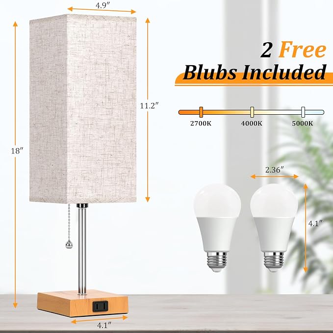 18'' Table Lamp for Bedroom set of 2,3-Color Bedside Lamps with Pull Chain | Table Lamps for Nightstand with AC Outlets,Night Light Lamps with 2 Bulbs Lamps for Living Room Kids Room Office Decor（Wood）