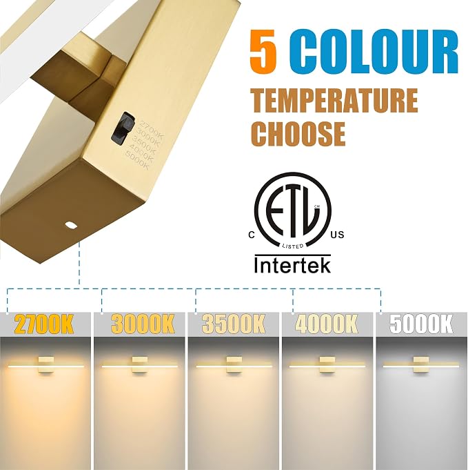 Gold Bathroom Vanity Light Fixture 23.6'' 20W Dimmable 5CCT LED Hardwired | Bathroom Light Fixture Over Mirror, Bathroom Wall Sconce, Rust-resistant, ETL Certificated, 2700K/3000K/3500K/4000K/5000K