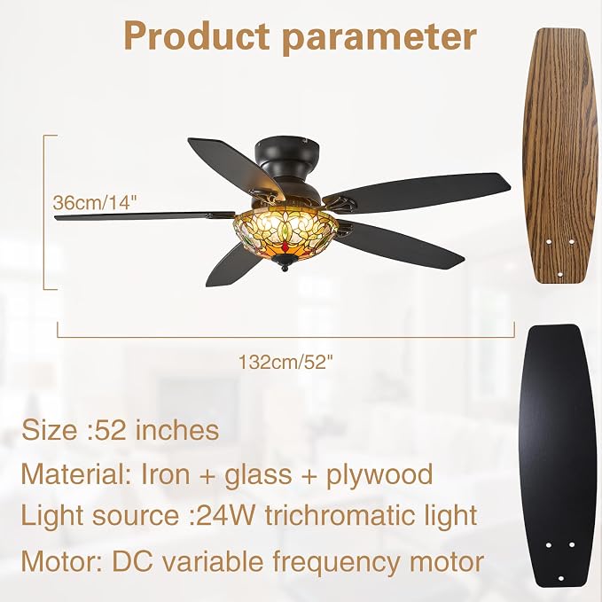 Ceiling Fans with Lights-52 Ceiling Fan Chandelier and Glass Shade | 52" Ceiling Fan Chandelier with 5 Dual-Blades and Glass Shade, 6 Speeds and Reversible, Indoor and Outdoor, Retro Style