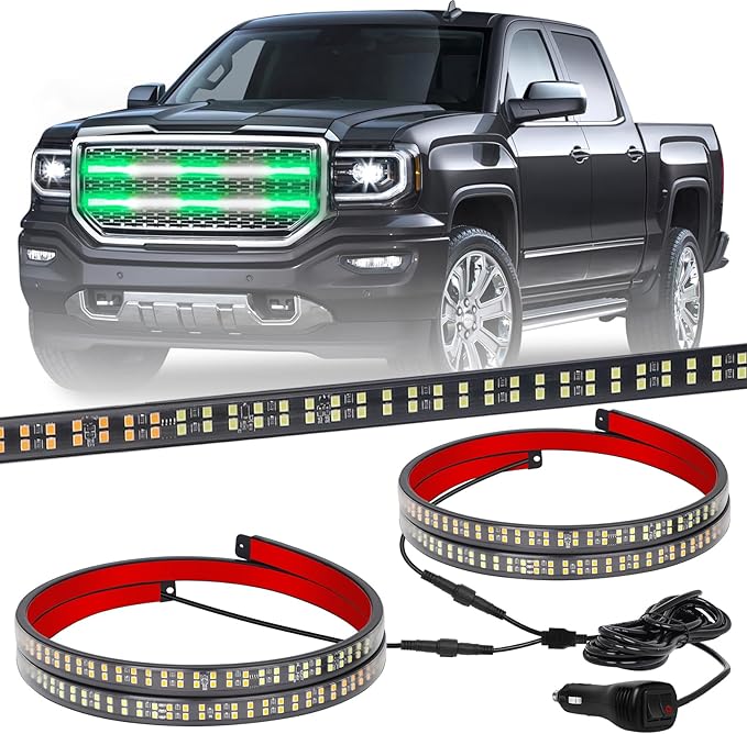 XRIDONSEN 2PCS 30 inch Green White Grill Emergency Lights Strip 360 LED Truck Tailgate/Rear window/Grill Strobe Lights Warning Hazard Safety Caution Lights for Tow Plow Trucks Firefighter Vehicles POV