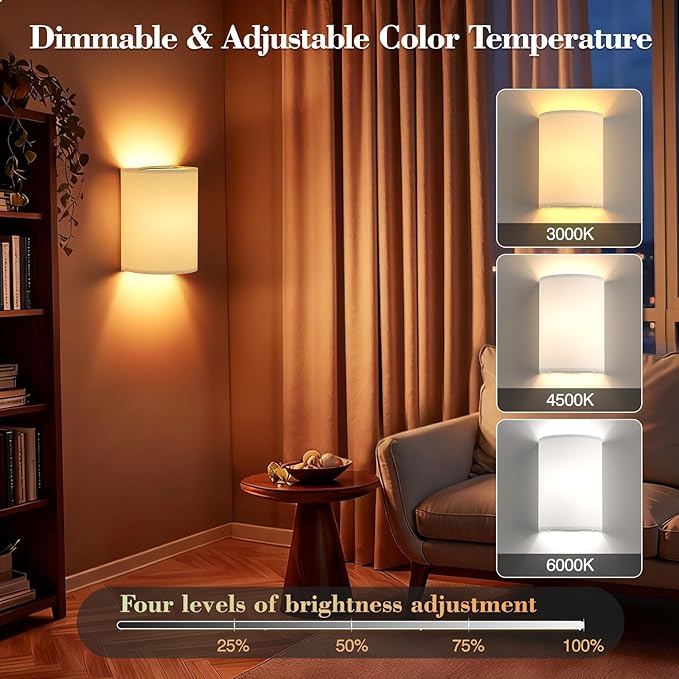 Battery Operated Wall Sconce Set of Two: 10000mAh Wireless Wall Light with Rechargeable Magnetic Bulb - Dimmable Wall Lamp with 7 RGB Colors - Linen Shade Sconces with Remote for Bedroom Living Room | Wireless Wall Light with Magnetic Bulb - Dimmable 7...