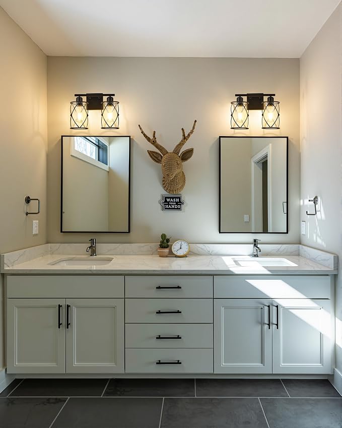 2-Light Black Bathroom Light Fixtures, 13.8 Inch Modern Bathroom Vanity Lighting Fixtures Over Mirror with Clear Glass and Metal Cage Wall Sconce Lights for Bath, E26, CH9176BK-2W
