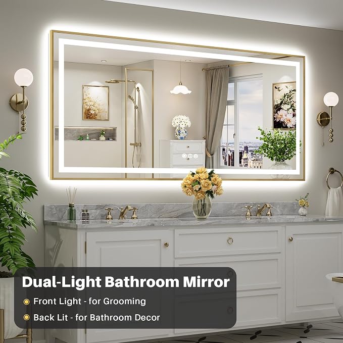 84x40 Inch LED Bathroom Mirror with Gold Frame, Backlit & Front Lit | Anti-fog, 3 Color Dimmable, Memory Function, HD Reflection Tempered Glass, ETL Listed, IP54 Waterproof