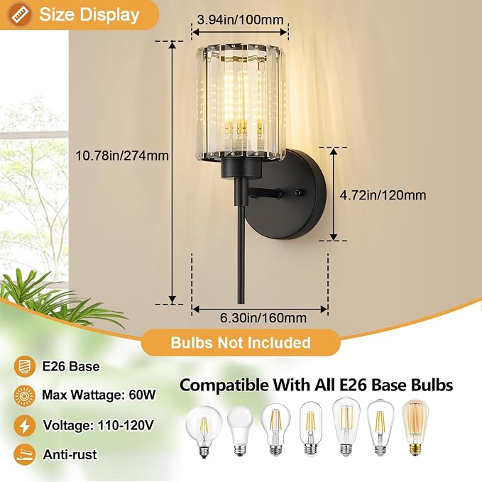 Modern Wall Sconces Set of 2, Matte Black Wall Lights with Clear K9 Crystal Shades, Bathroom Vanity Lights for Bedroom, Living Room, Hallway