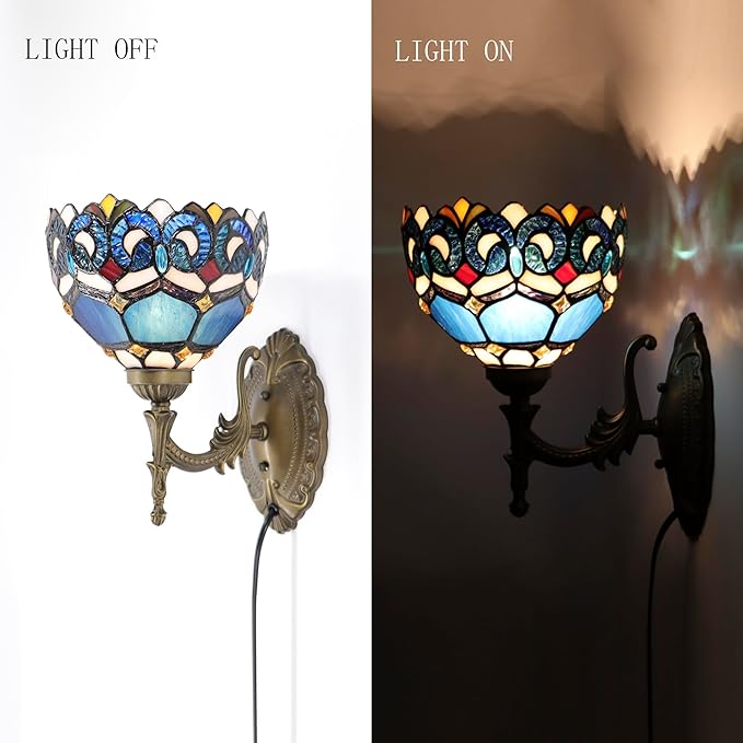 Tiffany Sconce Lamp Stained Glass Wall Lamp,8X10.5X11 Inch Plug in Wall Bedside Light for Hallway Bedroom (Blue Baroque)